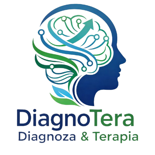 Logo firmy DiagnoTera - profil głowy z mózgiem stylizowanym na układ elektroniczny.